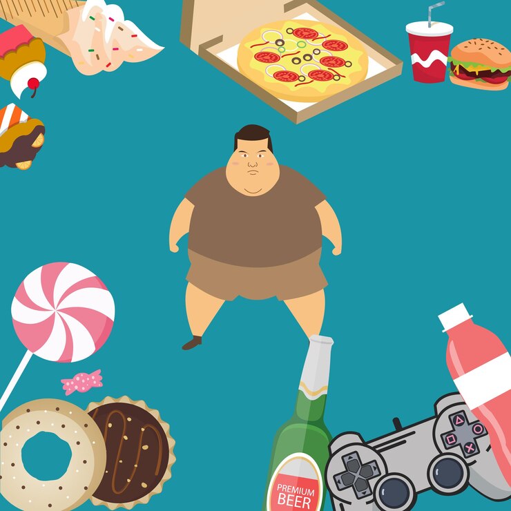 Vector 肥満の男性子供が砂糖子ドーナツジャンクフードを食べている