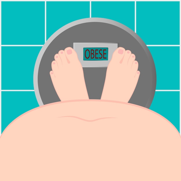 Obese person with big fat belly standing on scales. Top view. Flat vector illustration.