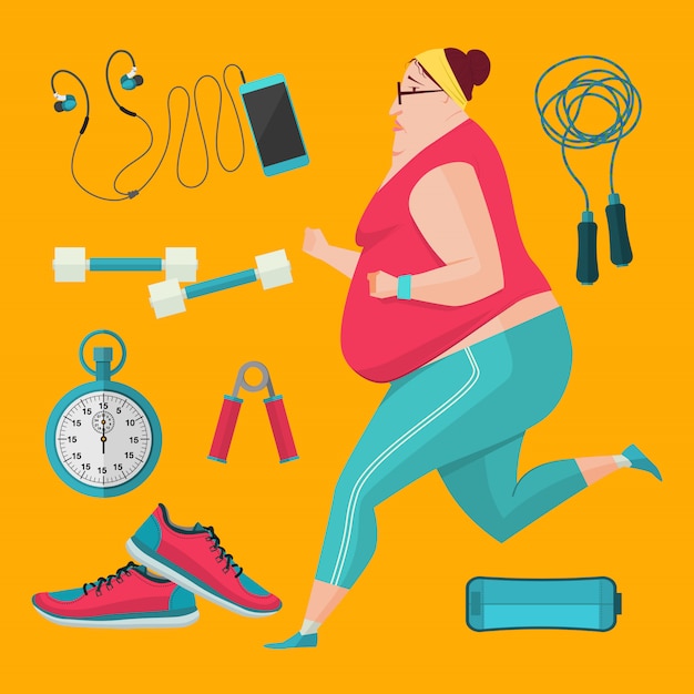 Vector obese women jogging to lose weight. illustration flat style fitness equipment.