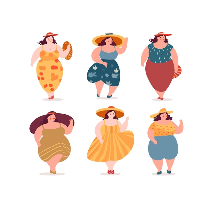 Vector obesity unhealthly women set people cartoon character vector set