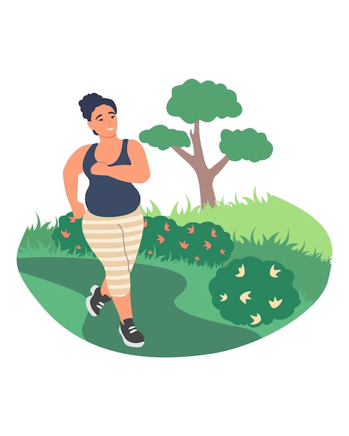 Проблемы с ожирением и весом толстая женщина бегает в парке с плоской векторной иллюстрацией потери веса