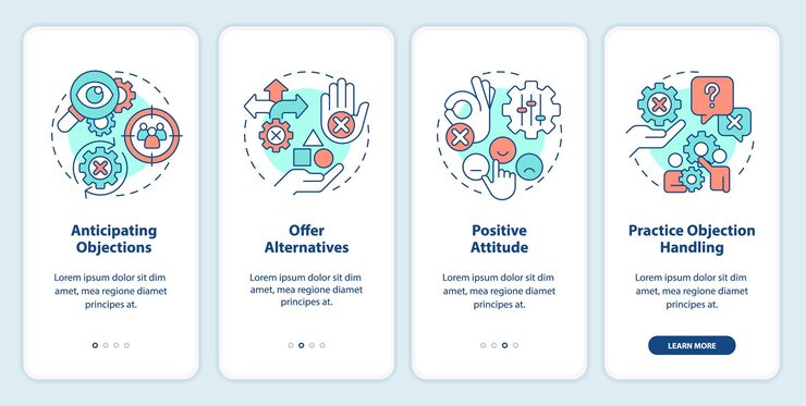 Vector objection handling practices onboarding mobile app screen sales skill walkthrough 4 steps editable graphic instructions with linear concepts ui ux gui template myriad probold regular fonts used
