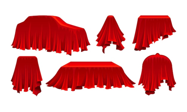Objects covered with red silk cloth vector set