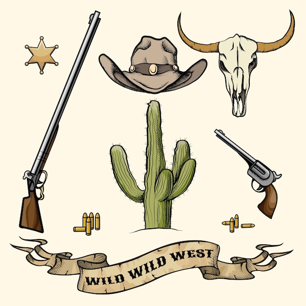 Oggetti del selvaggio west. cappello da cowboy, pistola e munizioni, teschio di cactus e bufalo, distintivo dello sceriffo. illustrazione vettoriale