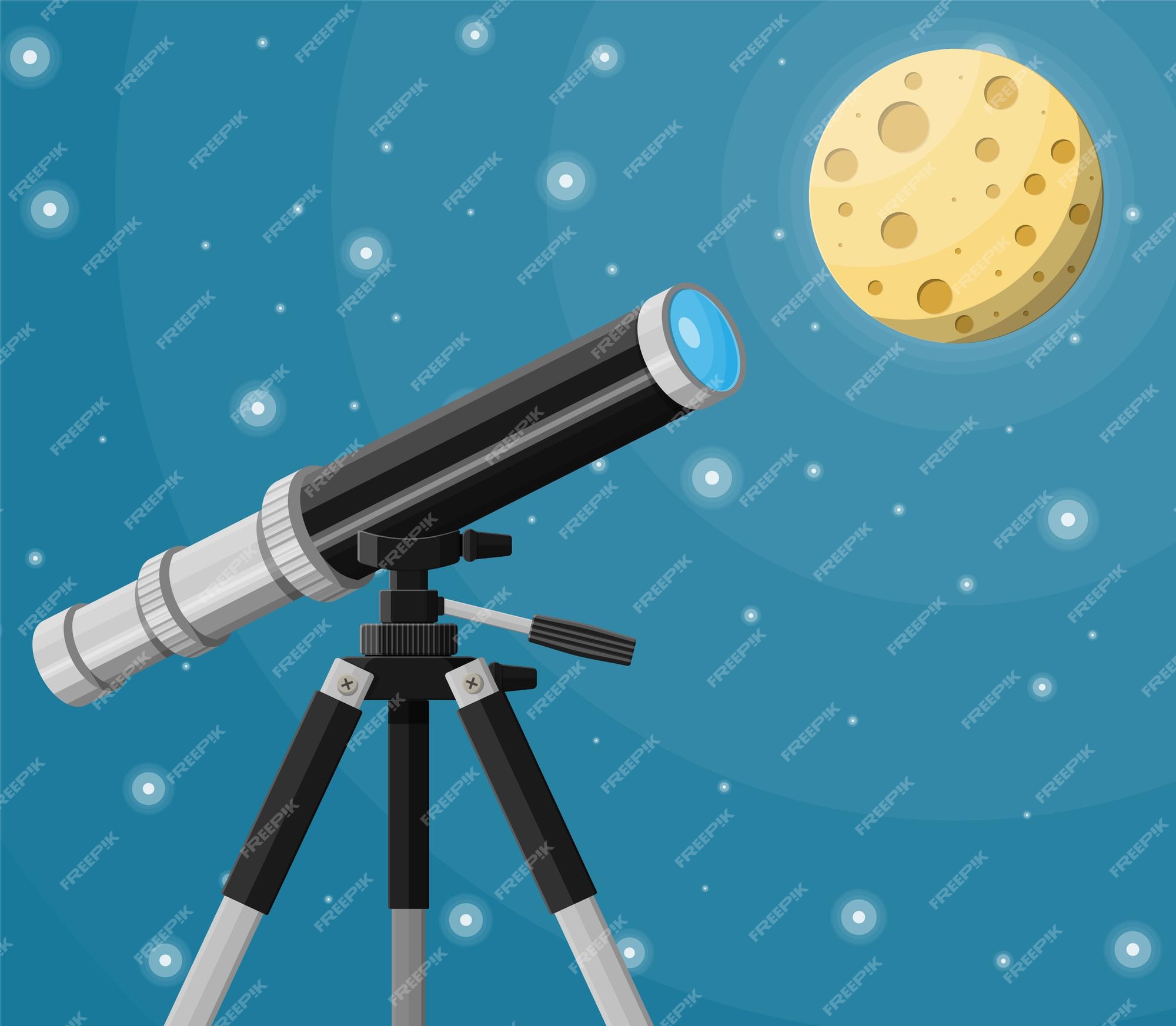 Observatie door verrekijker. aardlandschap met telescoop, maan en sterren. astronomie, observeren en onderwijs. vectorillustratie in vlakke stijl | Vector