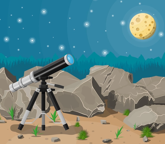 Observation through spyglass. nature mountain landscape with
telescope, moon and stars