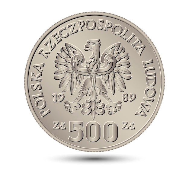 Obverse Polish money five hundred zloty silver coin Vector illustration