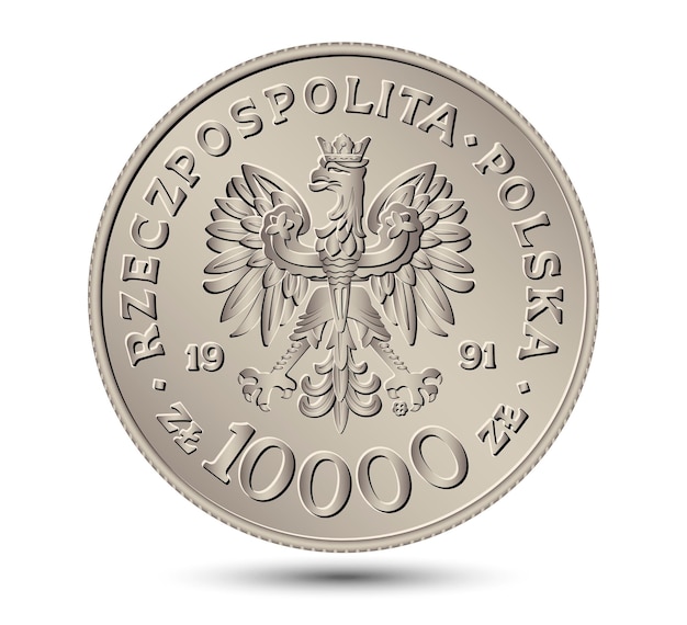 Obverse Polish money ten thousand zloty silver coin Vector illustration