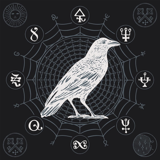 Occult embleem met runen en witte kraai