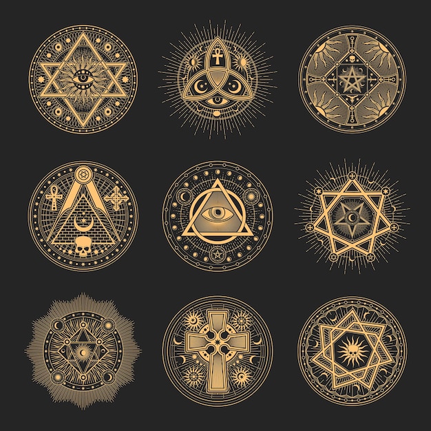 Occult and esoteric pentagram symbols mason signs magic tarot Masonry lodge seals occult tarot sign or esoteric line vector symbols set with mason compass pentagram and all seeing eye cross