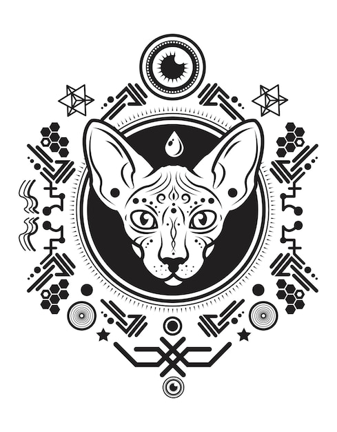 occult mystical cat in a psychedelic geometric cyberpunk mandala vector black amp white illustration