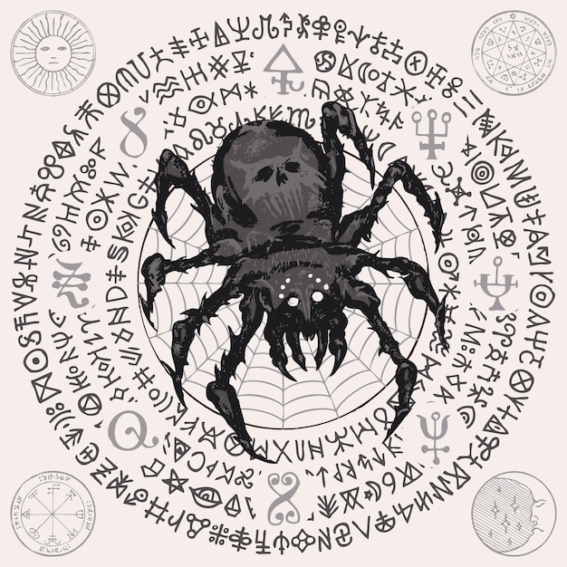 occult symbol with runes and spider