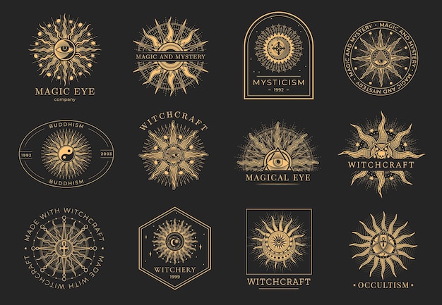 Vector occult witchcraft and magic icons or symbols esoteric signs tarot cards arcana witchcraft or mason occult outline vector signs set with sun allseeing eye yin and yang symbols egyptian ankh