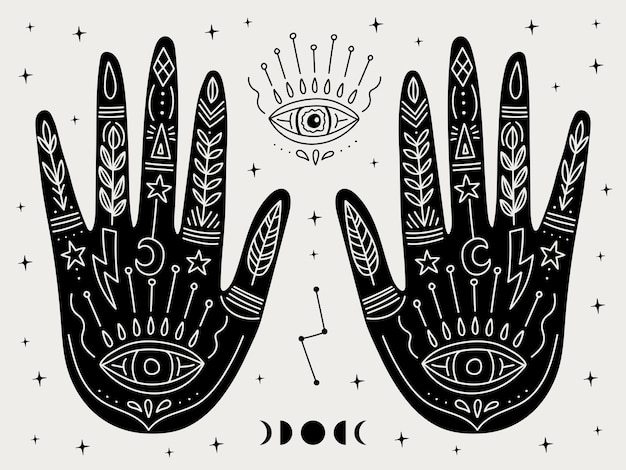 Occulte magische handen met heks mystieke symbolen hekserij hand getekende arm met maan en boze oog