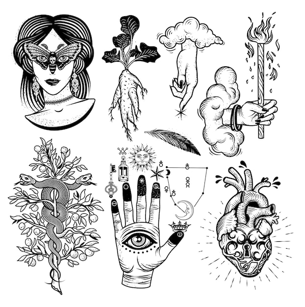 Vector occultisme ingesteld met vrouw met mottenogen, mandrake-wortel, slangen aan de boom, alchemistische symbolen aan de hand, hand van god met wolken, hartslot. illustratie.