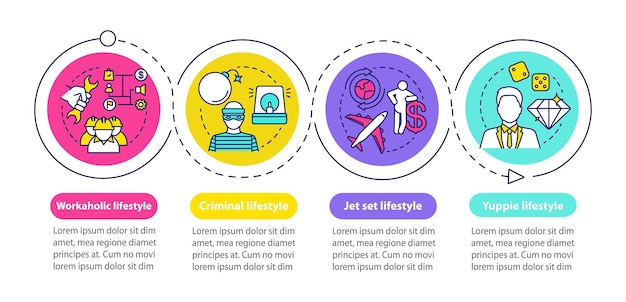 Occupational lifestyle types vector infographic template. Business presentation design elements. Data visualization with four steps, options. Process timeline chart. Workflow layout with linear icons