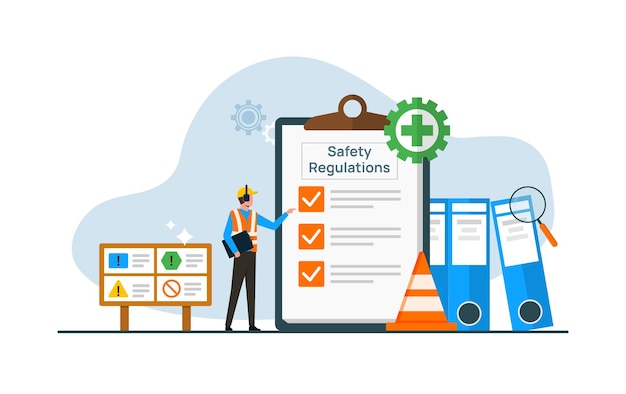 벡터 직업 안전 및 건강 관리 정부 공공 서비스 근로자가 규칙 및 규정을 이해하는 동안 건강 및 안전 위험으로부터 근로자를 보호합니다.