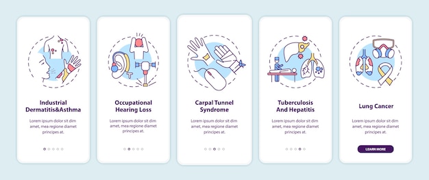 Vector occupational sickness on boarding mobile app page screen with concepts.