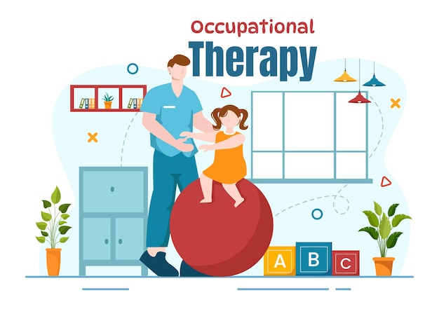 occupational therapy vector illustration with treatment session on screening development of person (인간의 발달을 스크리닝하는 치료 세션과 함께 작업 치료  ⁇ 터 일러스트레이션)