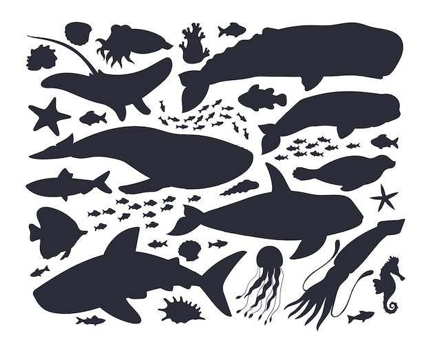 Oceaan dieren silhouetten Onderwater leven fauna walvis orka en dolfijn zeedieren zeehond pijlstaartrog en narwal platte vector illustraties set