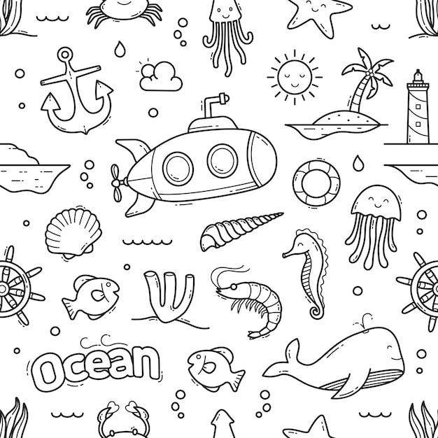 Oceaan doodle naadloze patroon achtergrond vectorillustratie