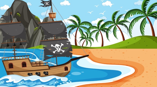 Oceaan met piratenschip bij dagscène in cartoonstijl