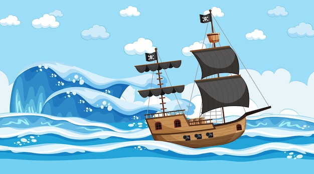 Oceaan met piratenschip bij dagscène in cartoonstijl