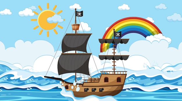 Oceaan met piratenschip bij dagscène in cartoonstijl