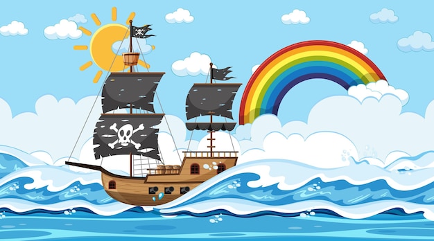 Oceaan met piratenschip bij dagscène in cartoonstijl