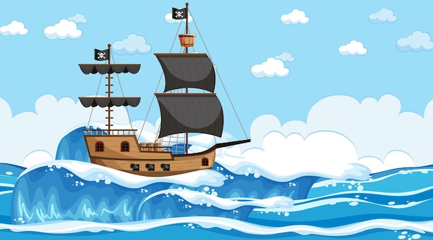 Oceaan met piratenschip bij dagscène in cartoonstijl