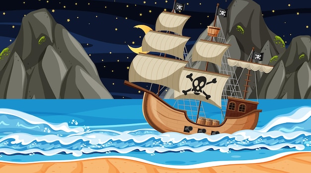 Oceaan met piratenschip bij nachtscène in cartoonstijl