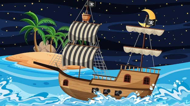 Oceaan met piratenschip bij nachtscène in cartoonstijl