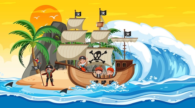 Oceaan met piratenschip bij zonsondergangscène in cartoonstijl