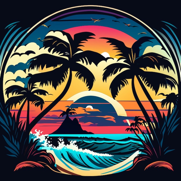 oceaan palmen boom surf achtergrond tshirt print stijl stijl plise perde vector illustratie