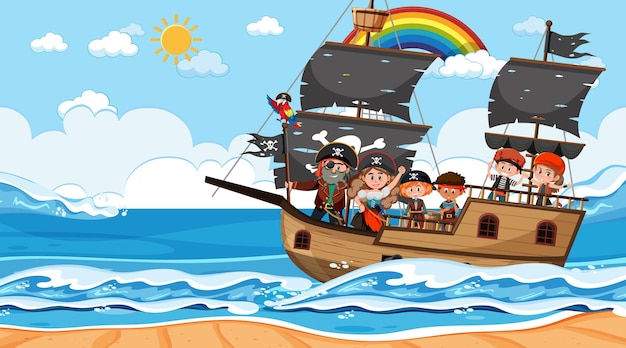 Oceaanscène overdag met piratenkinderen op het schip