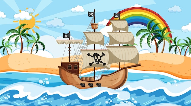 Oceaanscène overdag met piratenschip in cartoonstijl