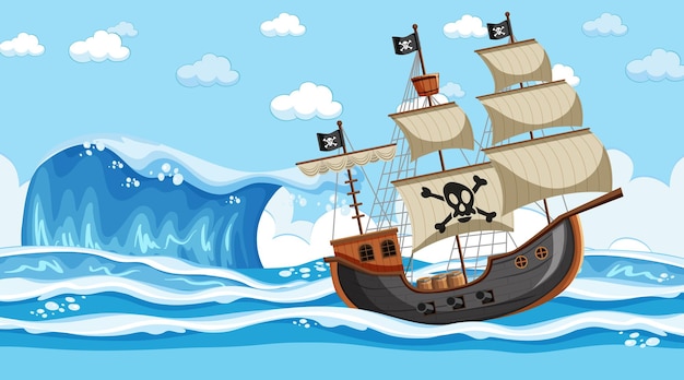 Vector oceaanscène overdag met piratenschip in cartoonstijl