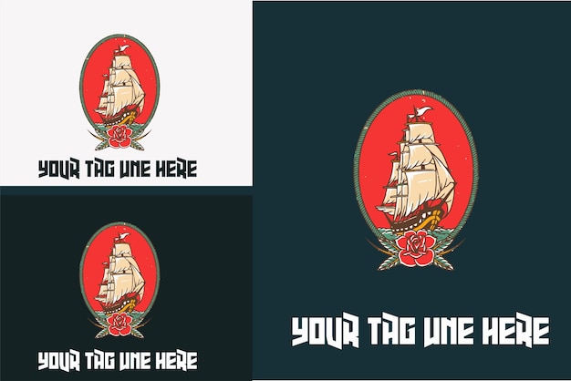 Oceaanstomer met rood roze bloem voor logo of tatoeage