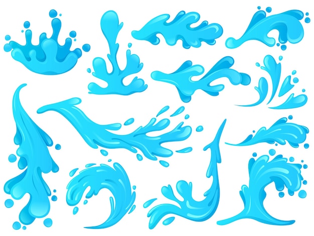 Oceaanwatergolven, blauwe plons golvende wervelingen. blauwe zee golven en spatten, beweging water elementen geïsoleerde vector illustratie set. golvend water spatten symbolen. illustratie van dynamische stormspatten