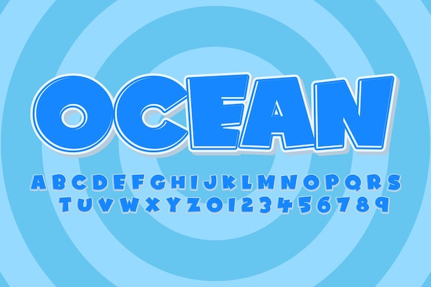 Ocean 3D Font Artistic Alphabet Letters Numbers and Symbols Vector Template