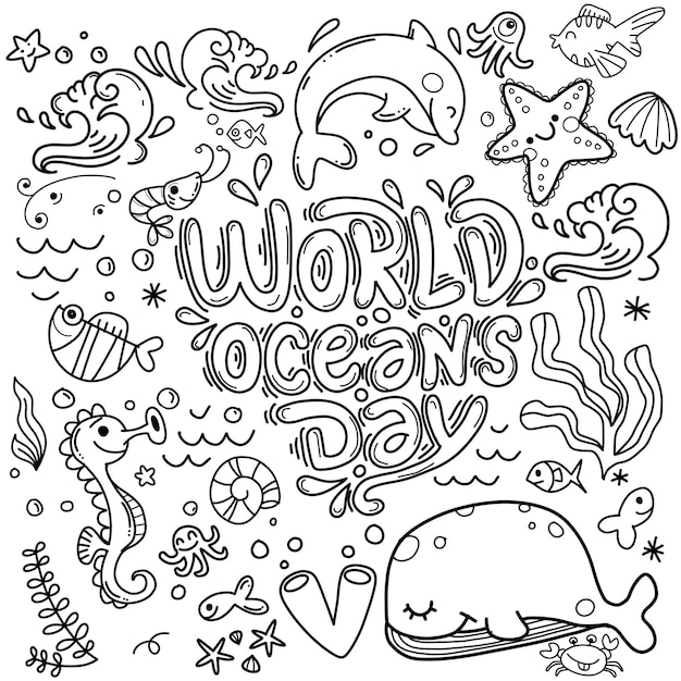 Vector ocean animal and plant doodle world's ocean day background