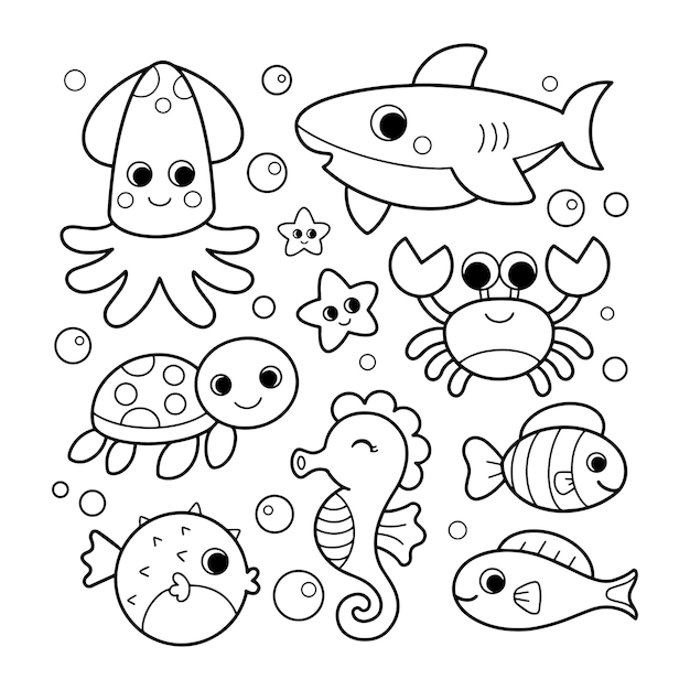Vector ocean animals coloring pages for kids