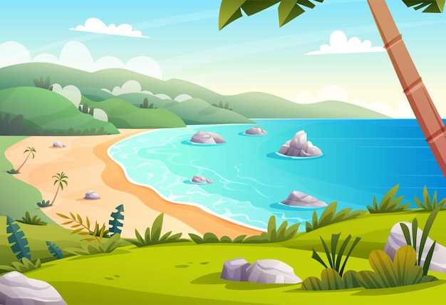 Panorama della baia dell'oceano con il concetto di vista sul mare e sulla collina paesaggio tropicale dei cartoni animati per le vacanze in spiaggia