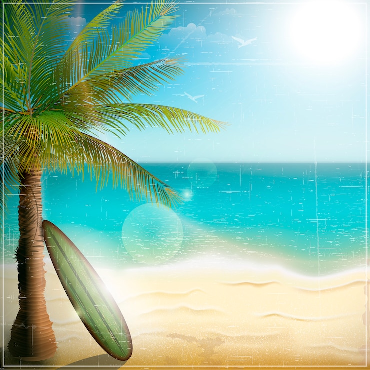 Vector ocean beach met surfplank
