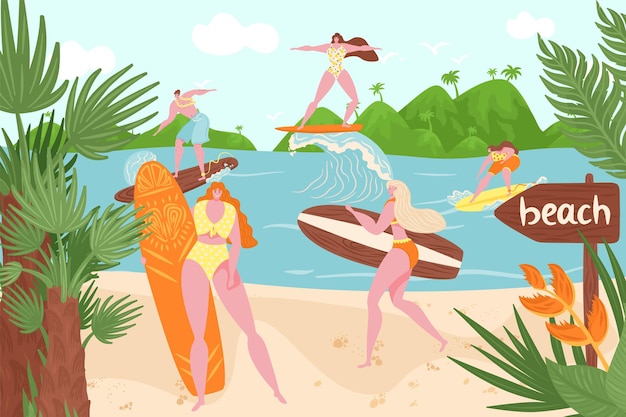 Ocean beach, summer surfing in water, vector illustration. Flat woman man character at surfboard, vacation sport activity at sea wave. Happy surfer at tropical nature, young people stand at shore.