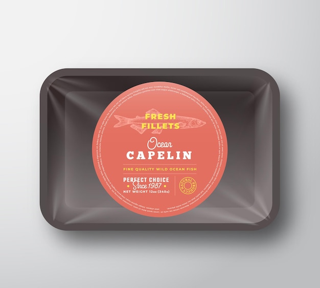 Vector ocean capelin fillets abstract vector plastic tray with cellophane cover packaging design round label or sticker retro typography and hand drawn fish silhouette background layout