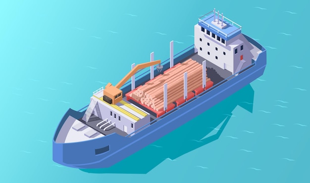 Морской грузовой транспортный корабль изометрический тип морского судна 3d логистический корабль контейнер крана для перевозки грузов векторная иллюстрация