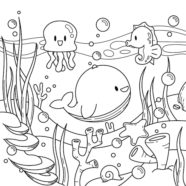 Vector ocean coloring page kawaii illustration