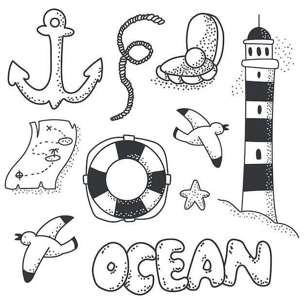 Ocean doodle sketch element vector set isolated.