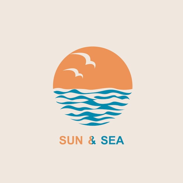 Эмблема океана с волнами, солнцем и чайками